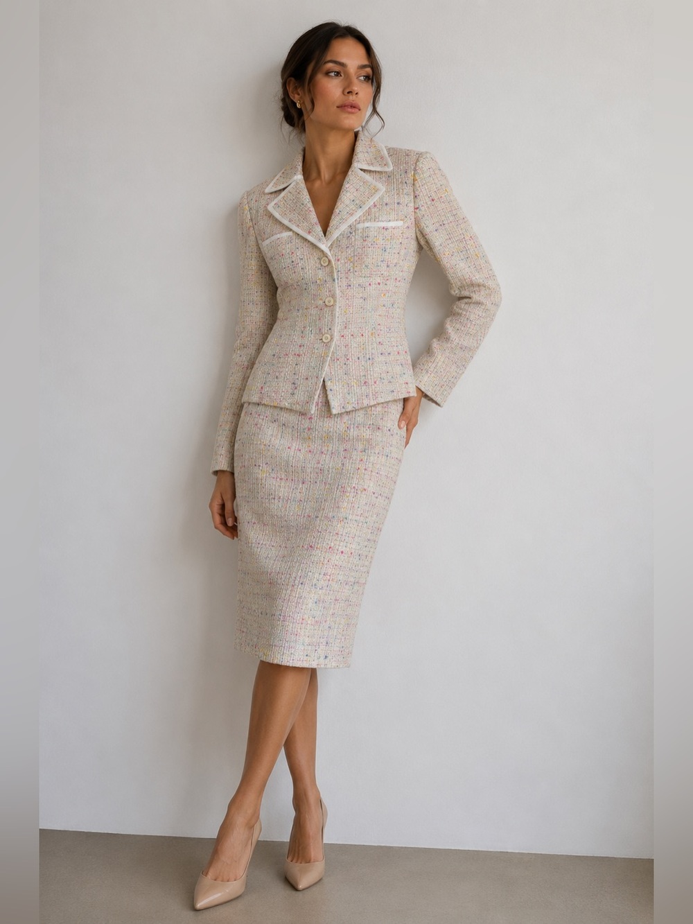 Le Suit Tweed Skirt Suit Set Size 12 Cream Confetti Bouclé Career Chanel Style